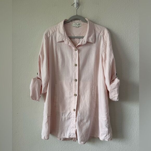 Simply Noelle Button Front Shirt Sz XXL Baby Pink Linen Blend Roll Tab Sleeve - Picture 4 of 7
